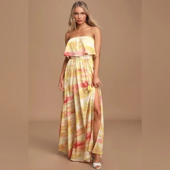 NEW Lulus Full of Sunshine Yellow Tie-Dye Strapless Maxi Dress